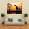 Silhouette Of Giraffe With Reflection In Water Multi Panel Canvas Wall Art