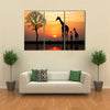 Silhouette Of Giraffe With Reflection In Water Multi Panel Canvas Wall Art