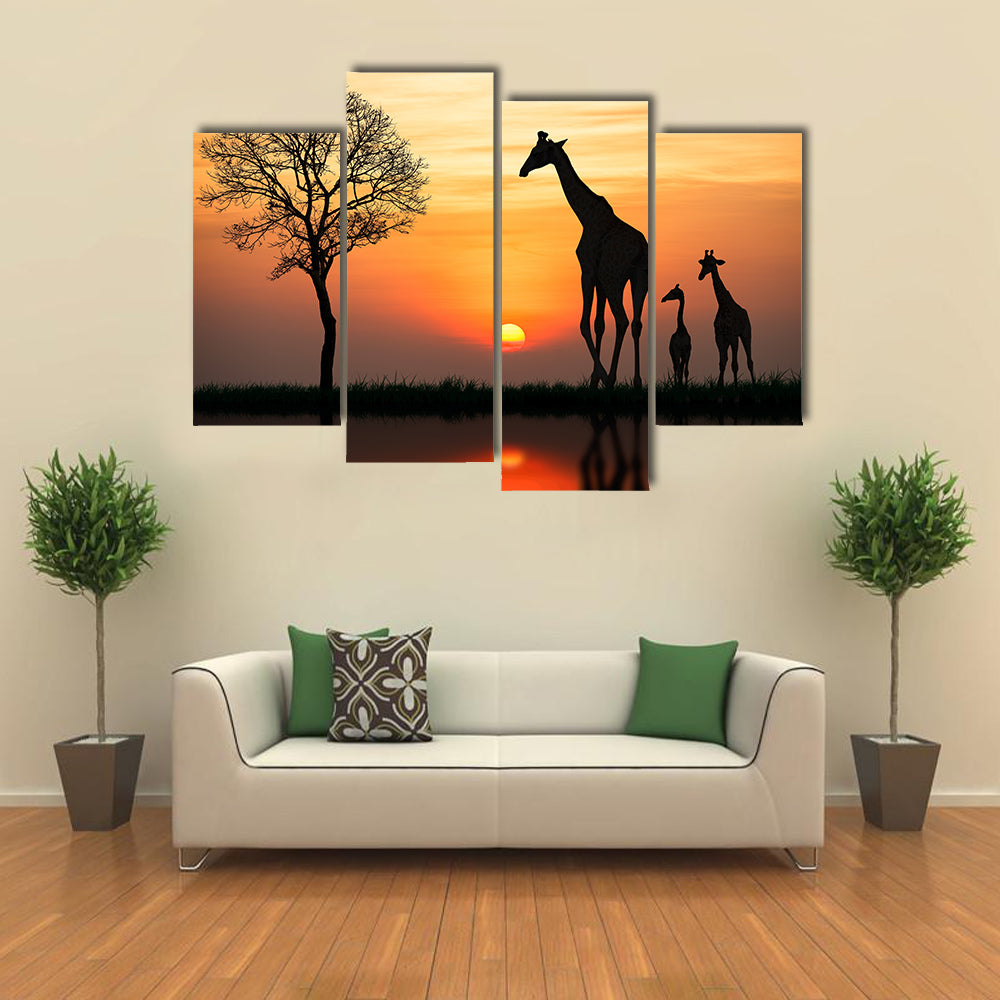 Silhouette Of Giraffe With Reflection In Water Multi Panel Canvas Wall Art