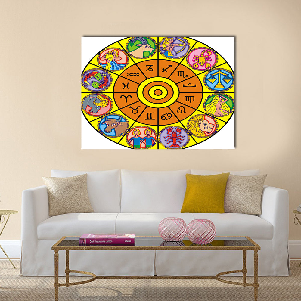 Clock Illustration of Zodiac Signs Multi Panel Canvas Wall Art
