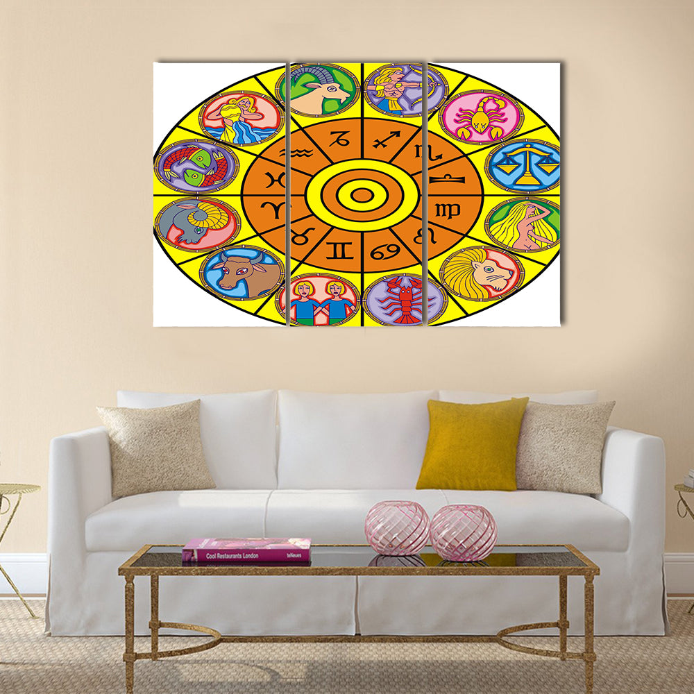 Clock Illustration of Zodiac Signs Multi Panel Canvas Wall Art
