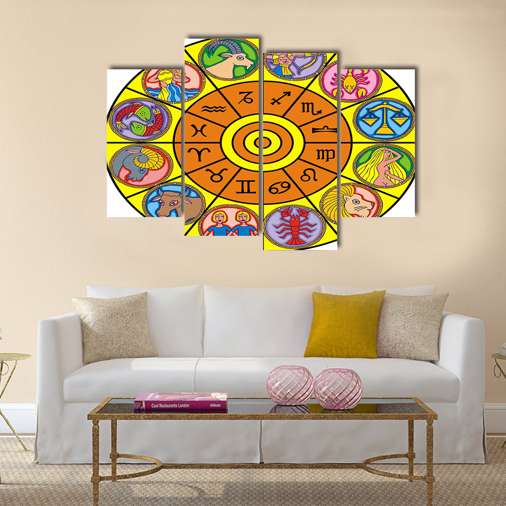 Clock Illustration of Zodiac Signs Multi Panel Canvas Wall Art