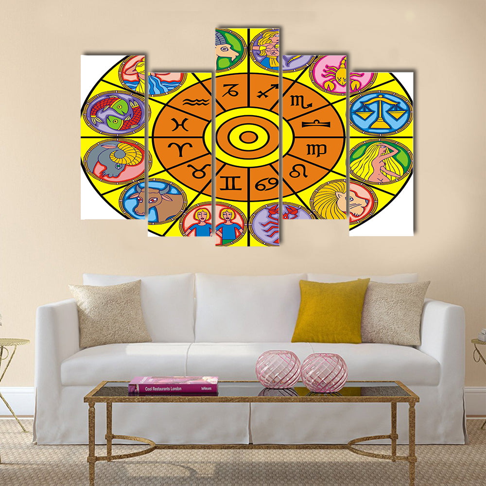 Clock Illustration of Zodiac Signs Multi Panel Canvas Wall Art