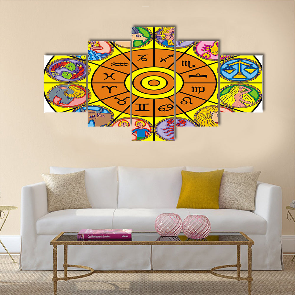 Clock Illustration of Zodiac Signs Multi Panel Canvas Wall Art