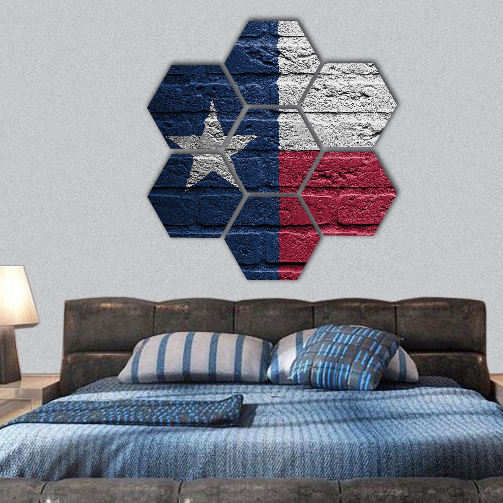 Brick wall with a painting of a flag isolated, Texas hexagonal canvas wall art