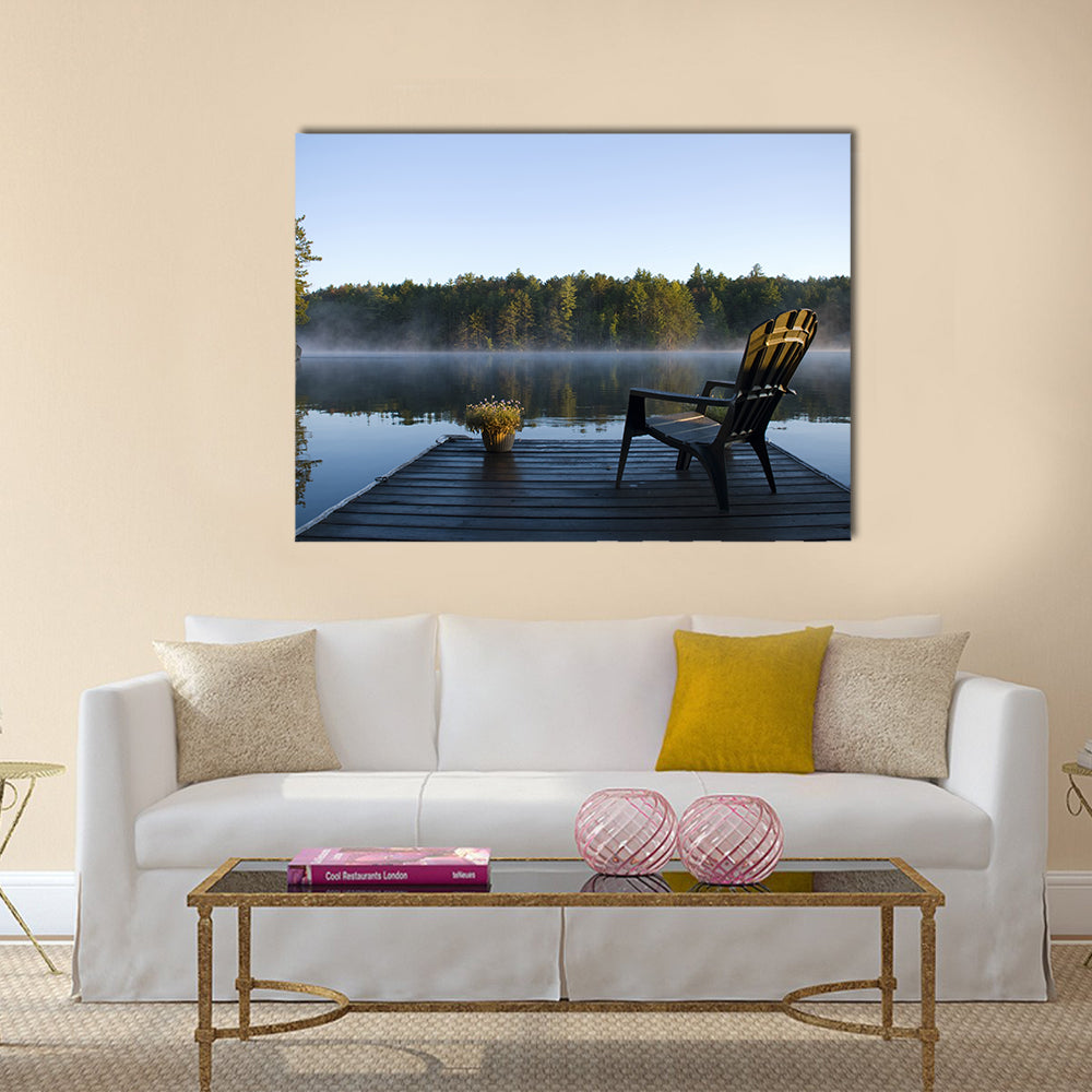 Morning view of the bay from the dock at Weslemkoon lake multi panel canvas wall art