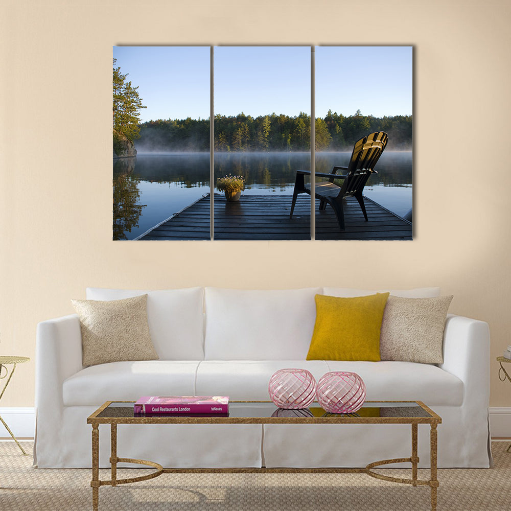 Morning view of the bay from the dock at Weslemkoon lake multi panel canvas wall art