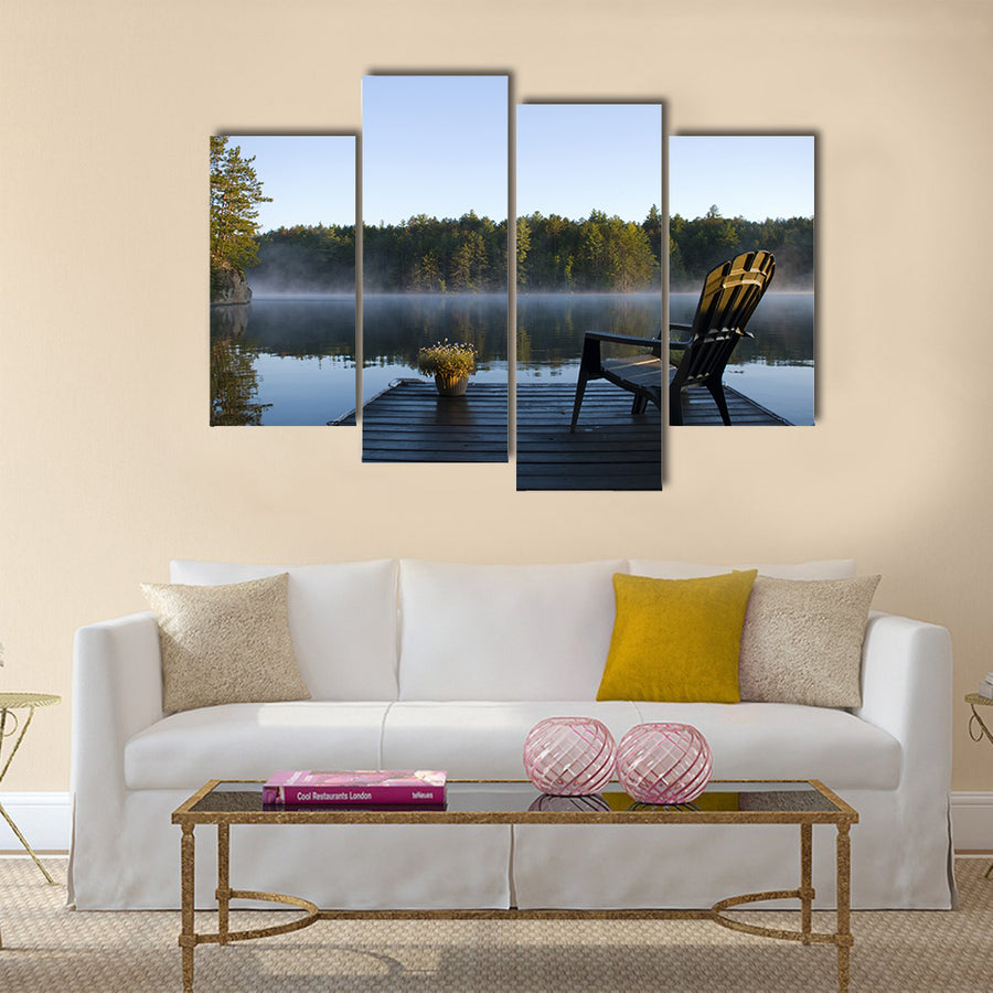 Morning view of the bay from the dock at Weslemkoon lake multi panel canvas wall art