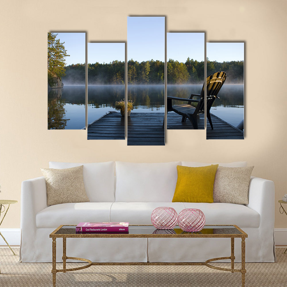 Morning view of the bay from the dock at Weslemkoon lake multi panel canvas wall art