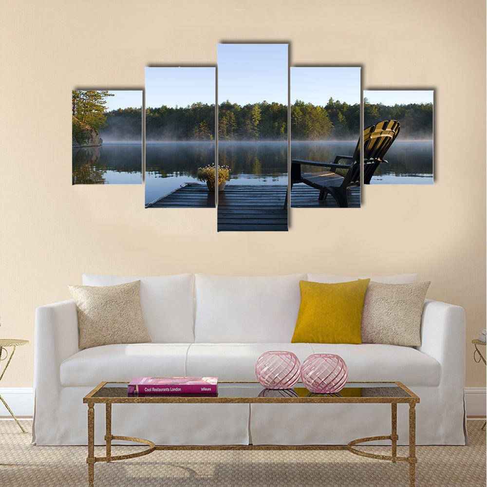 Morning view of the bay from the dock at Weslemkoon lake multi panel canvas wall art