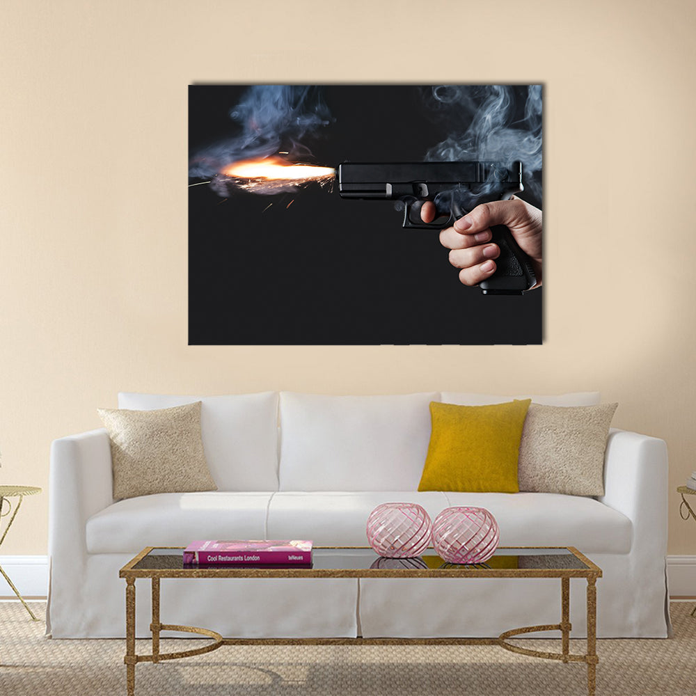 shot from a handgun with fire and smoke multi panel canvas wall art
