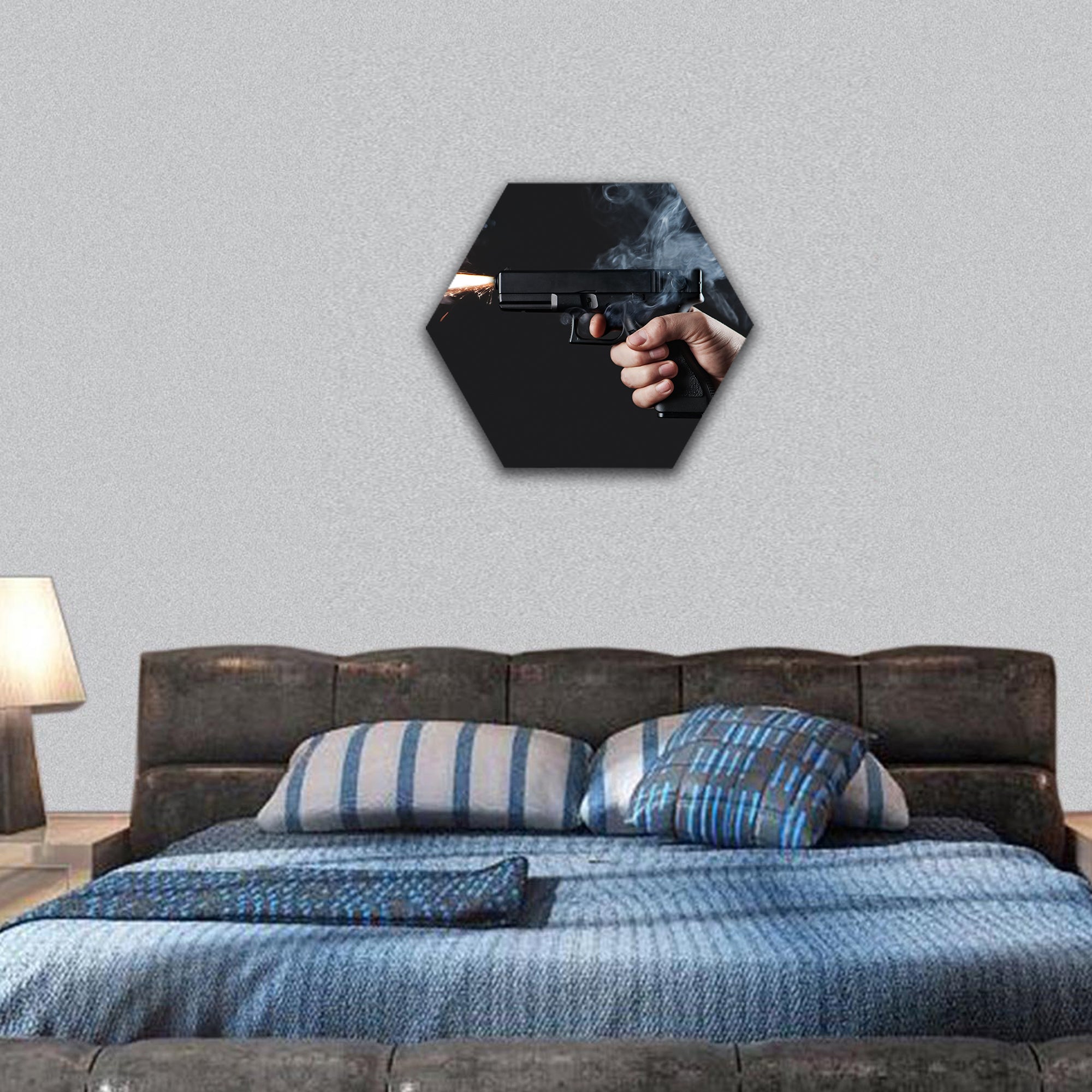 Shot from a handgun with fire and smoke hexagonal canvas wall art