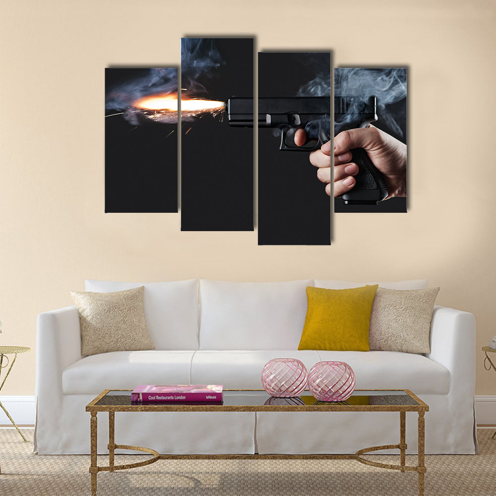 shot from a handgun with fire and smoke multi panel canvas wall art