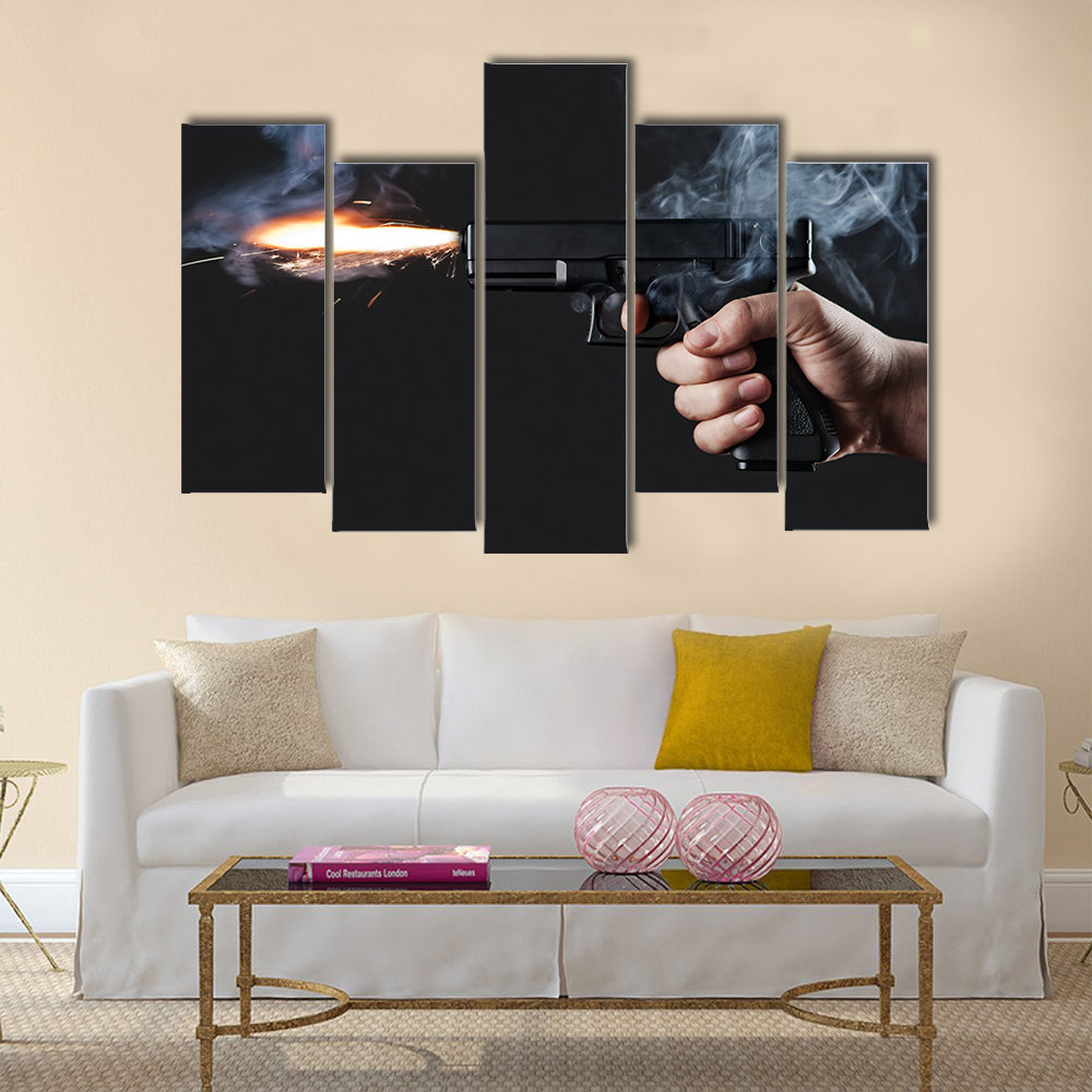 shot from a handgun with fire and smoke multi panel canvas wall art