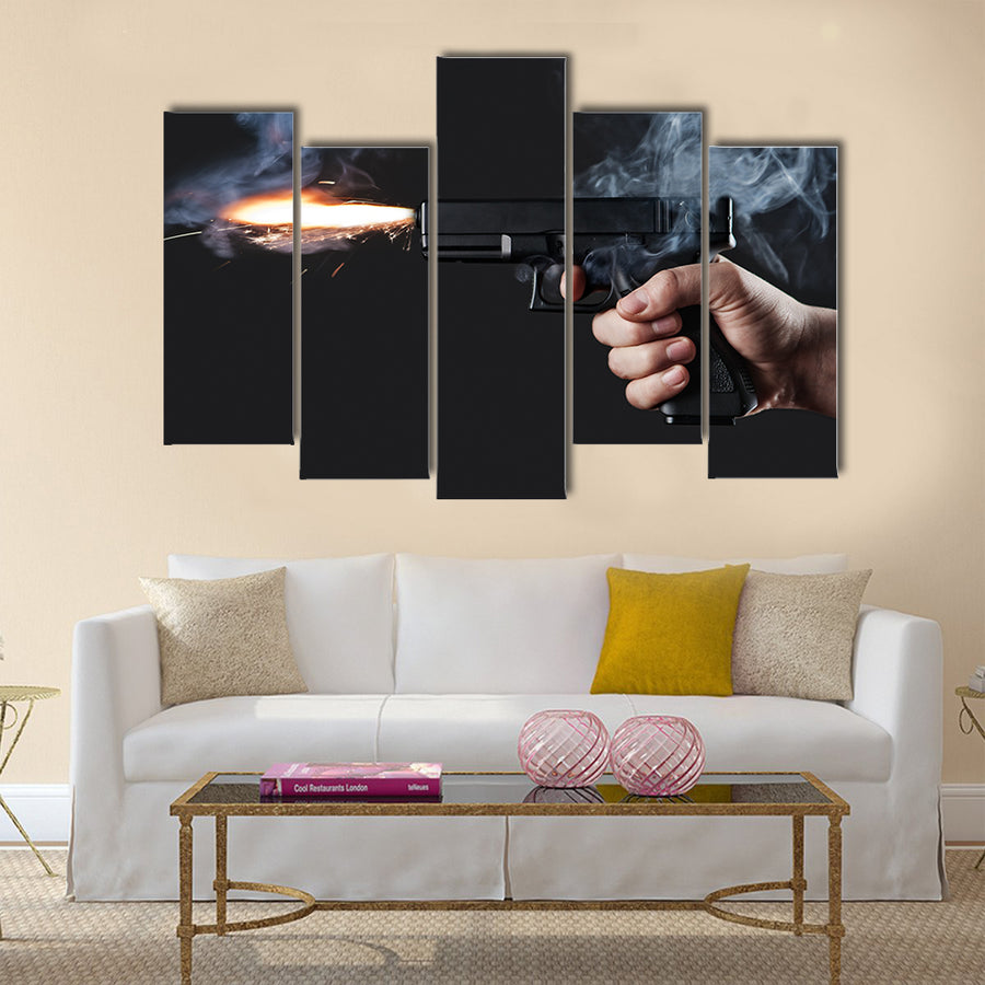shot from a handgun with fire and smoke multi panel canvas wall art