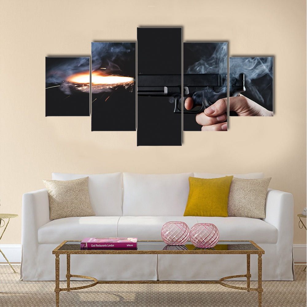 shot from a handgun with fire and smoke multi panel canvas wall art