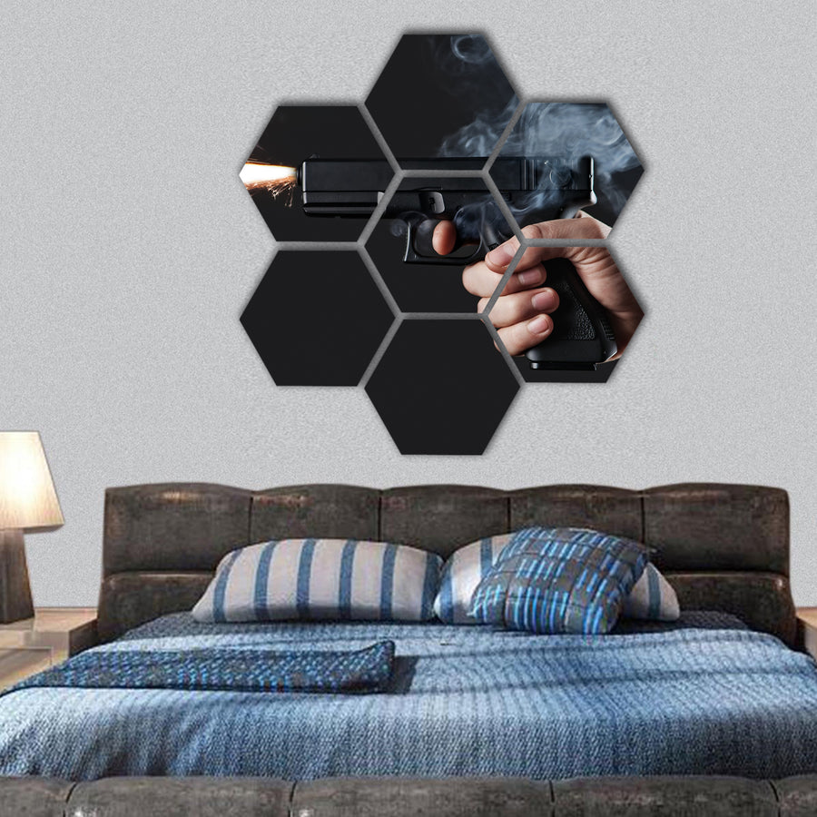 Shot from a handgun with fire and smoke hexagonal canvas wall art
