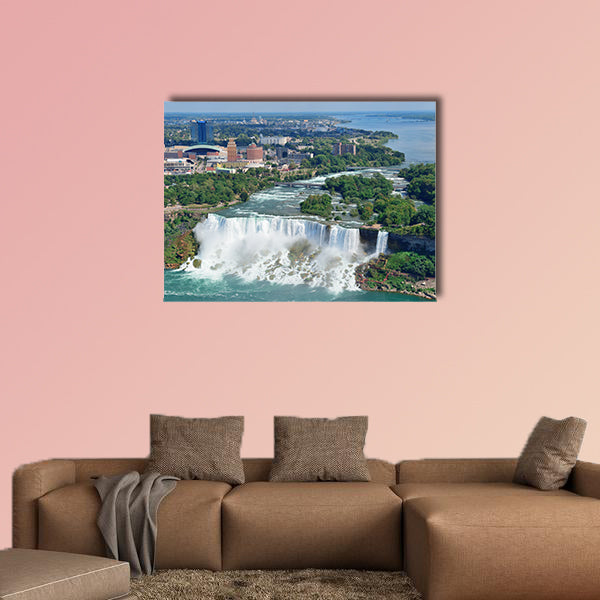 Niagara Falls closeup in the day over river with buildings wall art