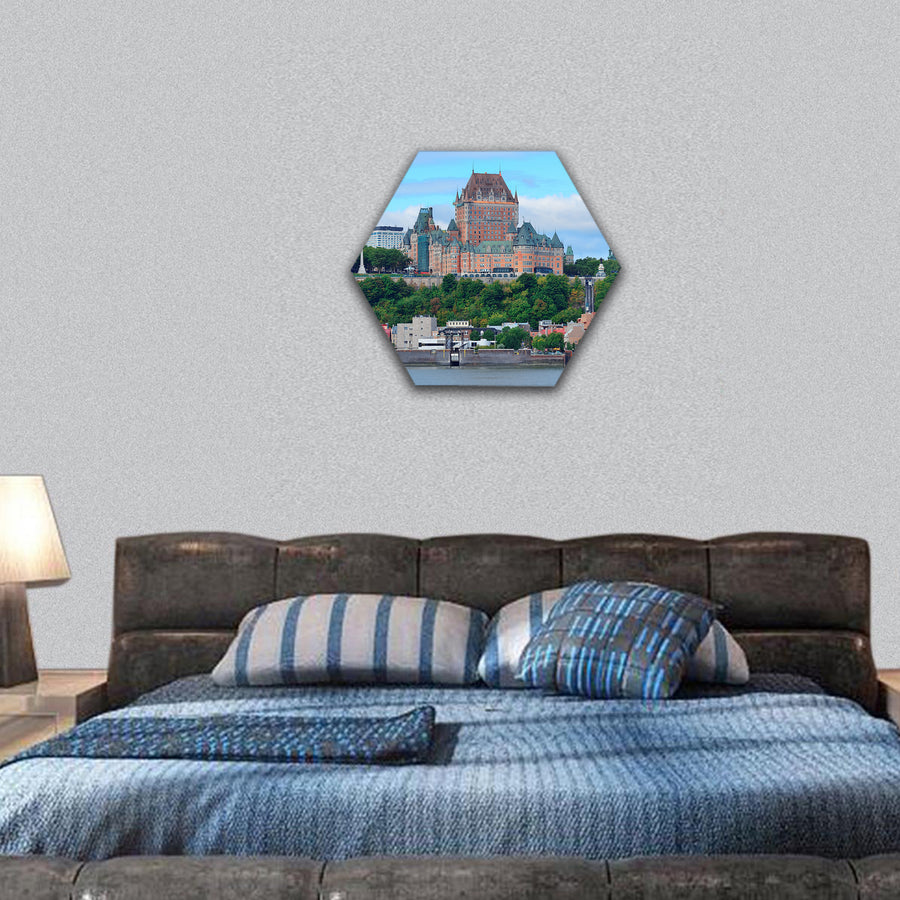 Quebec City skyline over river with blue sky and cloud hexagonal canvas wall art