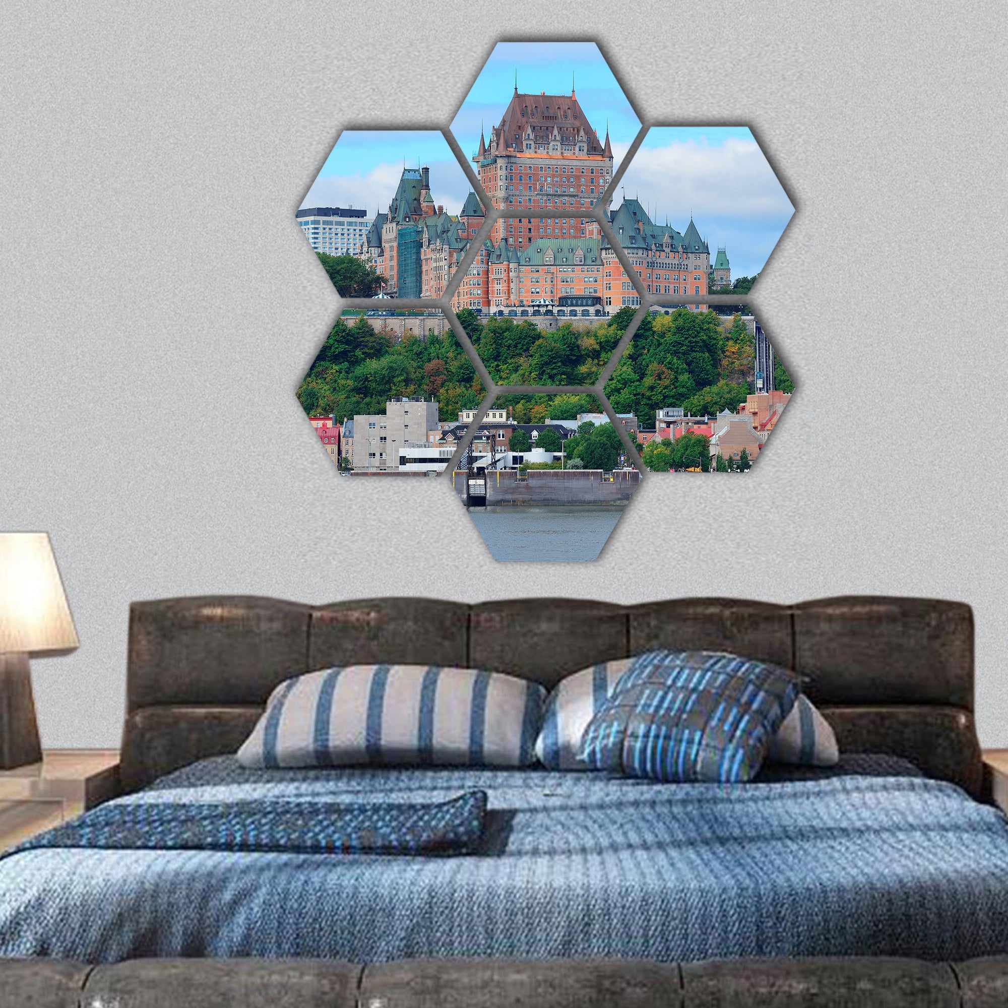 Quebec City skyline over river with blue sky and cloud hexagonal canvas wall art