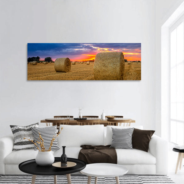 Hay bale in Hungary panoramic canvas wall art