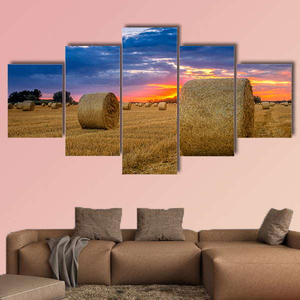 End of day over field with hay bale in Hungary multi panel canvas wall art