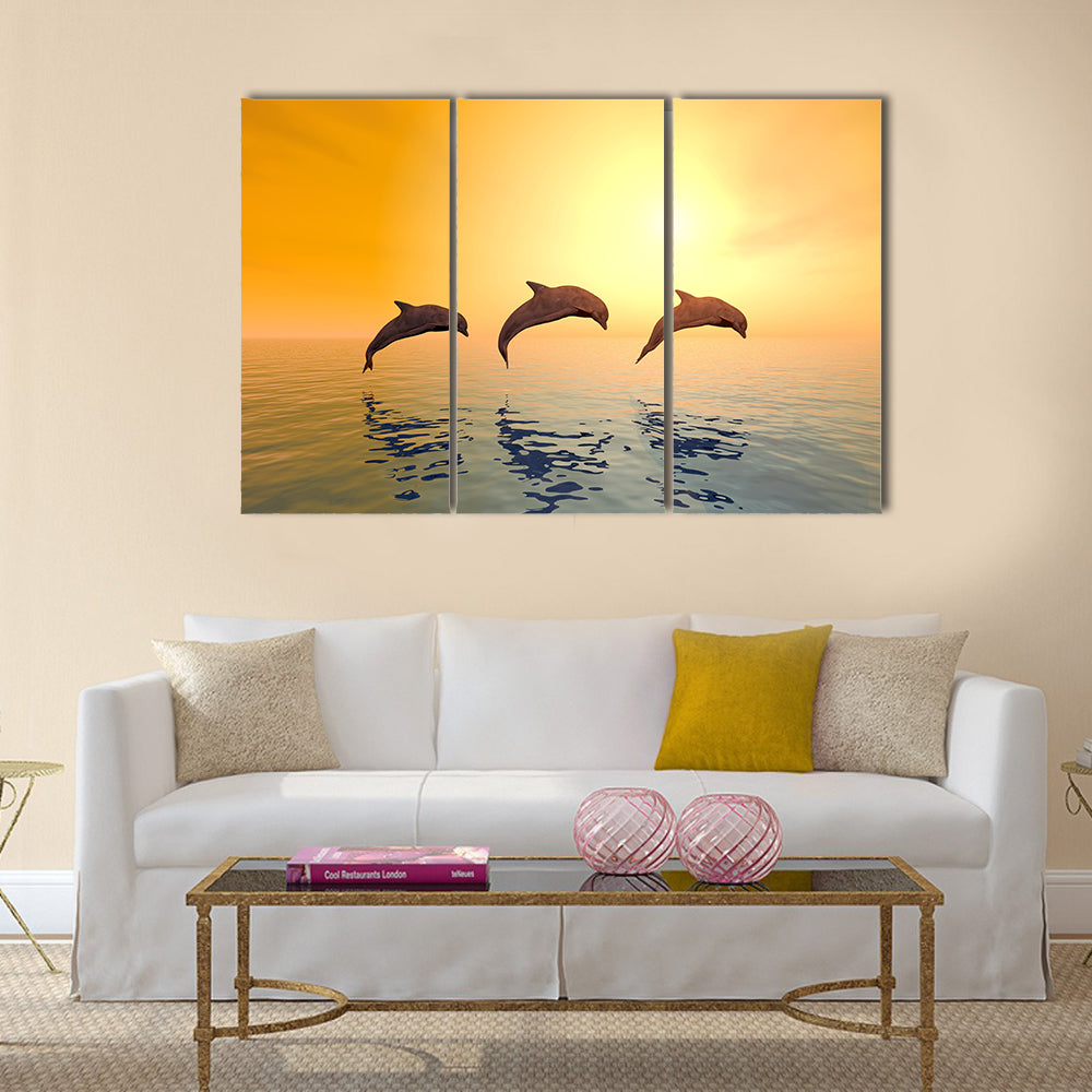 Awesome Jumping Dolphins Multi Panel Canvas Wall Art