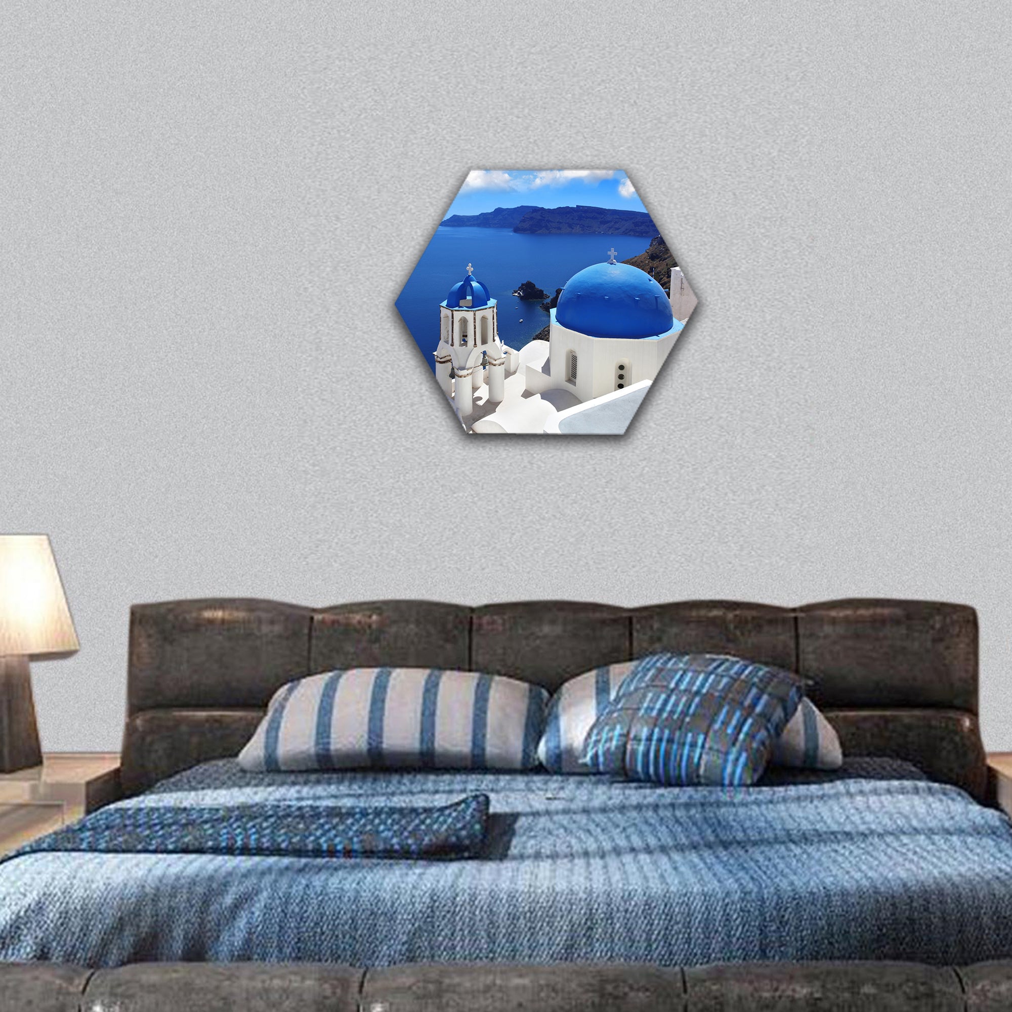 Santorini with churches and sea view in Greece hexagonal canvas wall art