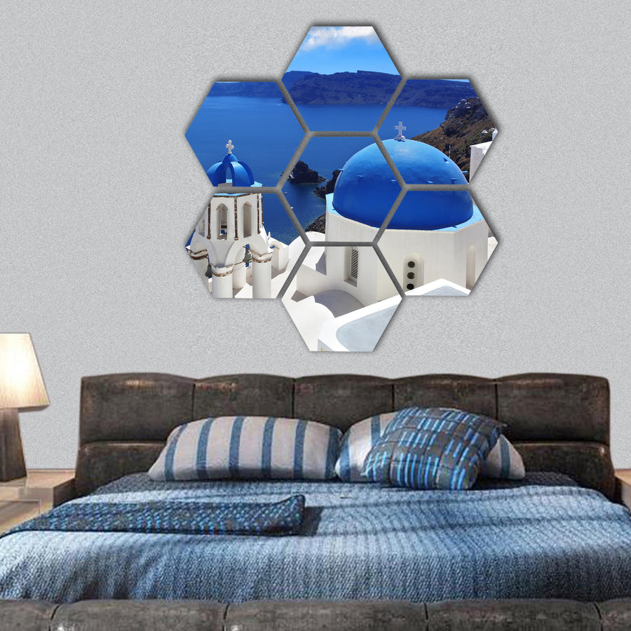 Santorini with churches and sea view in Greece hexagonal canvas wall art