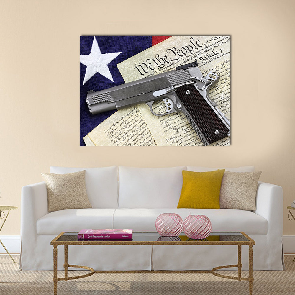Handgun lying over a  American flag multi panel canvas wall art