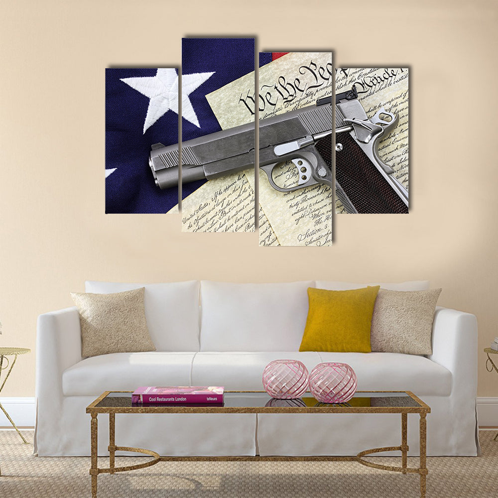Handgun lying over a  American flag multi panel canvas wall art