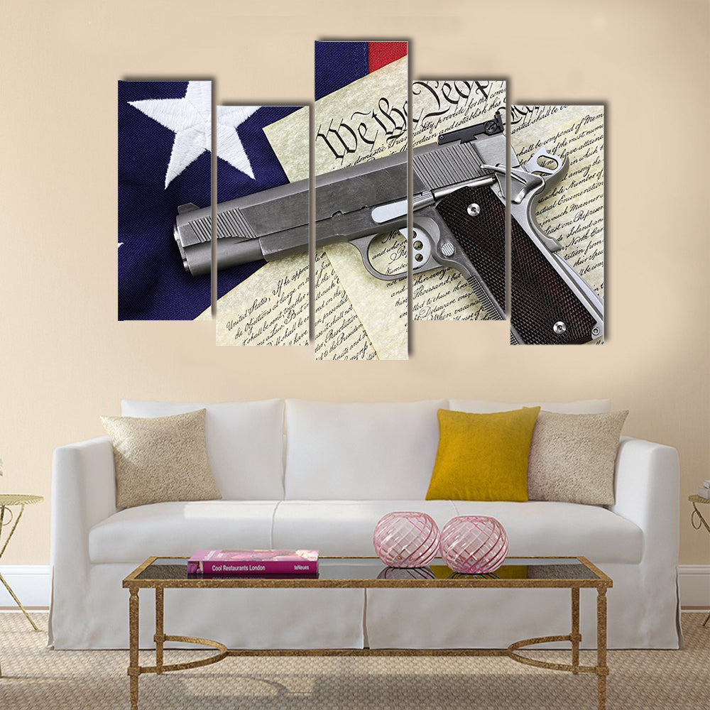 Handgun lying over a  American flag multi panel canvas wall art