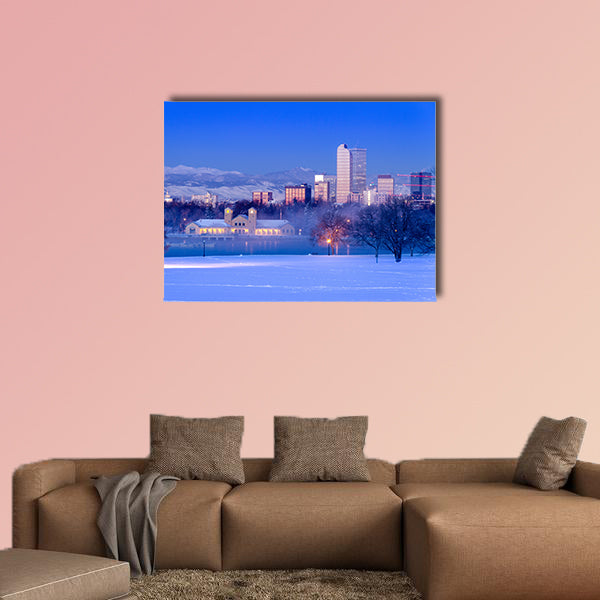 Denver Colorado skyline at sunrise, day after winter snow wall art.
