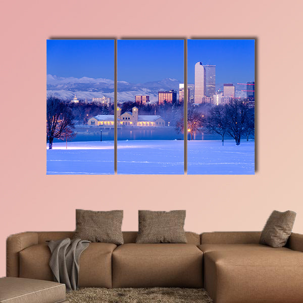 Denver Colorado skyline at sunrise, day after winter snow storm from City Park and Denver Museum of Science and Nature multi panel canvas wall art