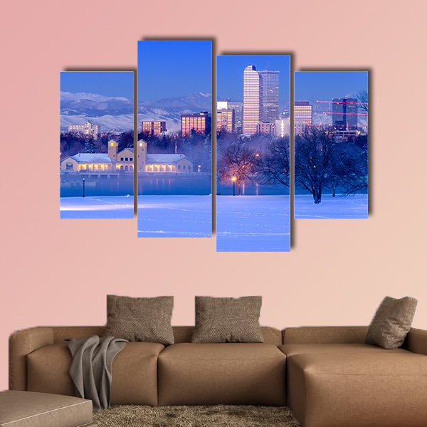 Denver Colorado skyline at sunrise, day after winter snow storm from City Park and Denver Museum of Science and Nature multi panel canvas wall art