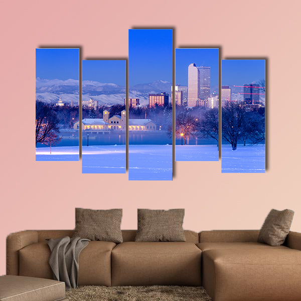 Denver Colorado skyline at sunrise, day after winter snow storm from City Park and Denver Museum of Science and Nature multi panel canvas wall art