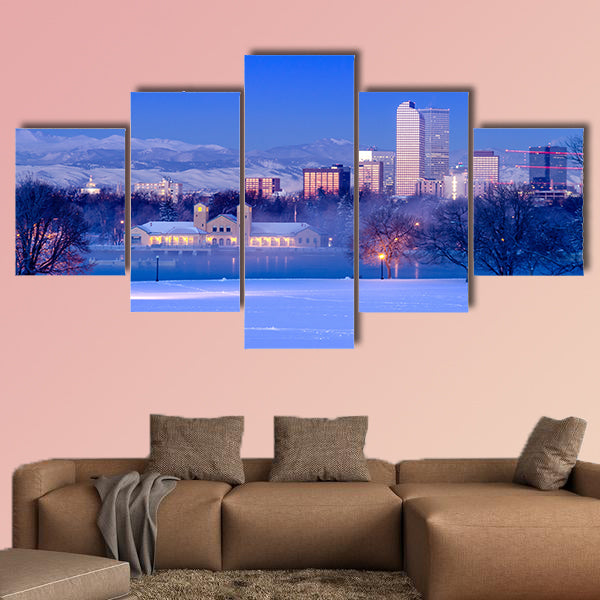 Denver Colorado skyline at sunrise, day after winter snow storm from City Park and Denver Museum of Science and Nature multi panel canvas wall art
