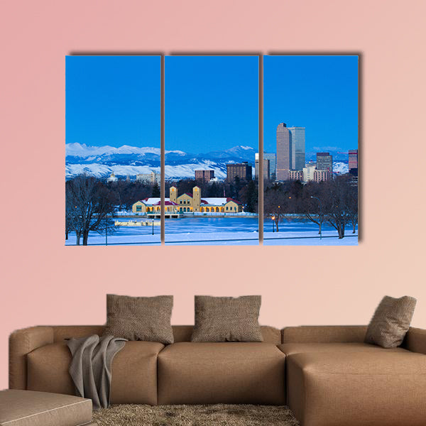 A view of downtown Denver before sunrise multi panel canvas wall art