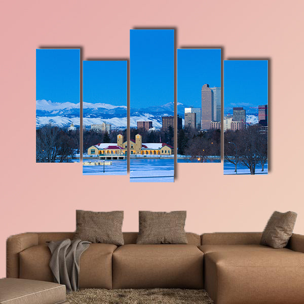 A view of downtown Denver before sunrise multi panel canvas wall art