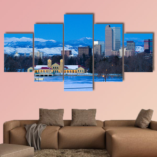 A view of downtown Denver before sunrise multi panel canvas wall art