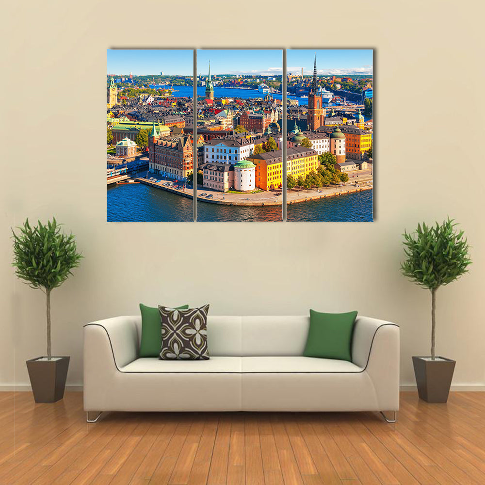 Beautiful Scenic summer aerial panorama of the Old Town Gamla Stan in Stockholm, Sweden Multi Panel Canvas Wall Art