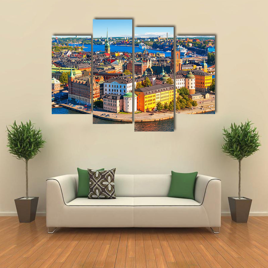 Beautiful Scenic summer aerial panorama of the Old Town Gamla Stan in Stockholm, Sweden Multi Panel Canvas Wall Art