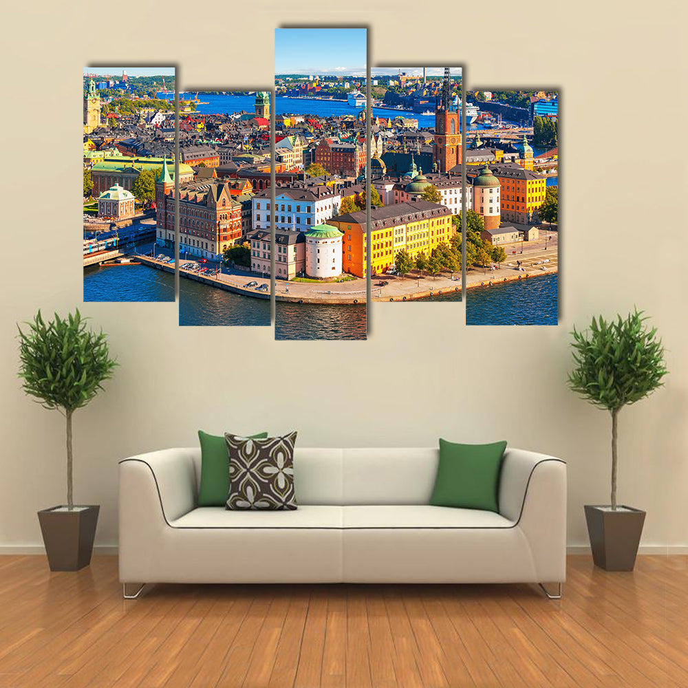 Beautiful Scenic summer aerial panorama of the Old Town Gamla Stan in Stockholm, Sweden Multi Panel Canvas Wall Art