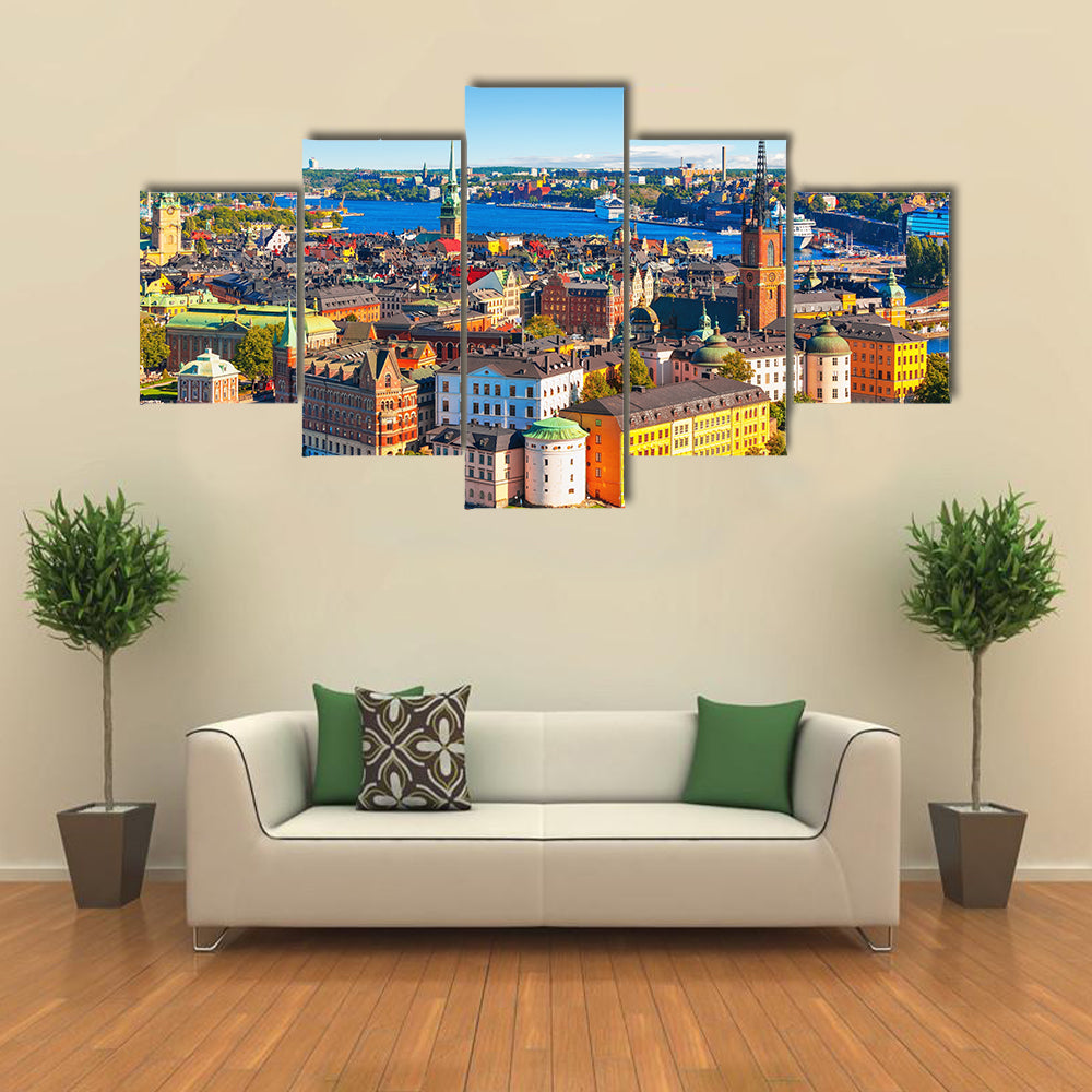 Beautiful Scenic summer aerial panorama of the Old Town Gamla Stan in Stockholm, Sweden Multi Panel Canvas Wall Art