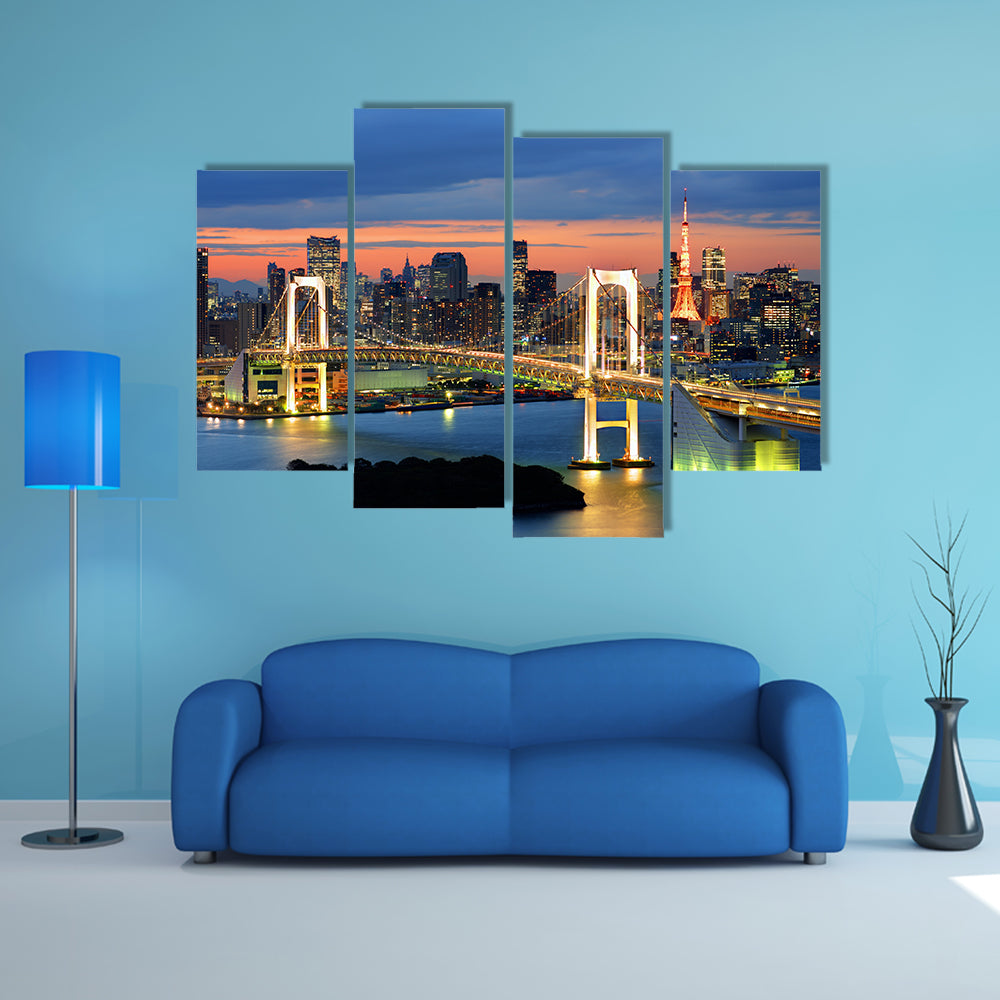 Rainbow Bridge spanning Tokyo Bay with Tokyo Tower multi panel canvas wall art