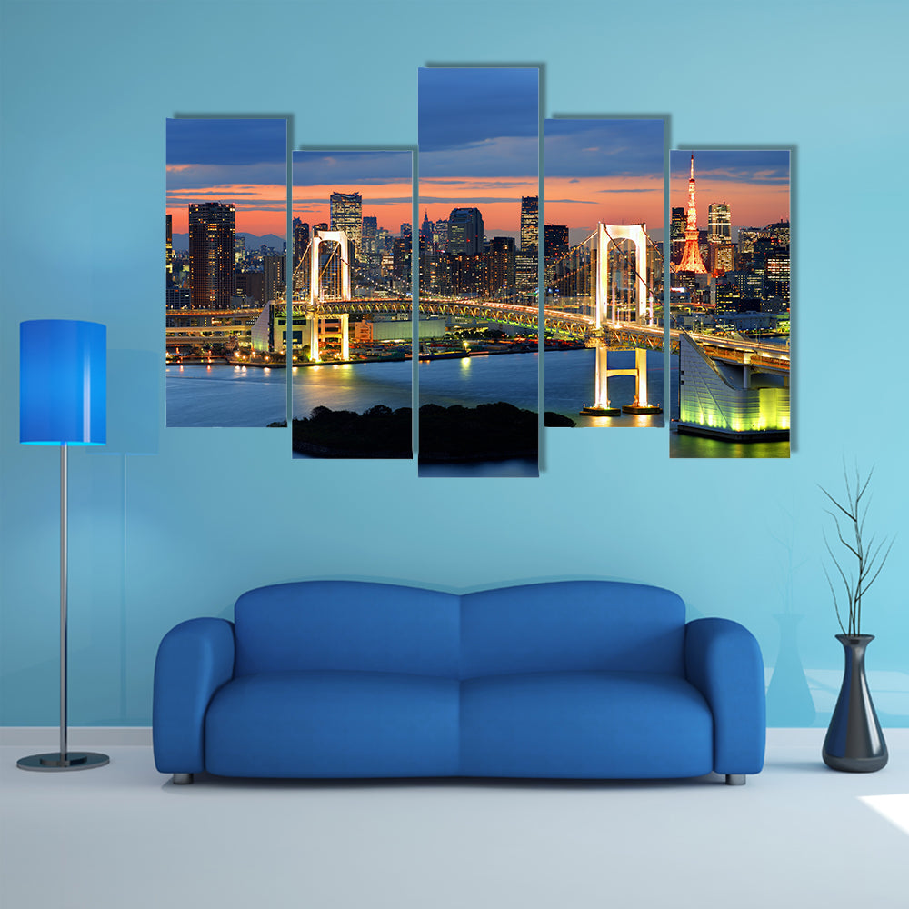 Rainbow Bridge spanning Tokyo Bay with Tokyo Tower multi panel canvas wall art