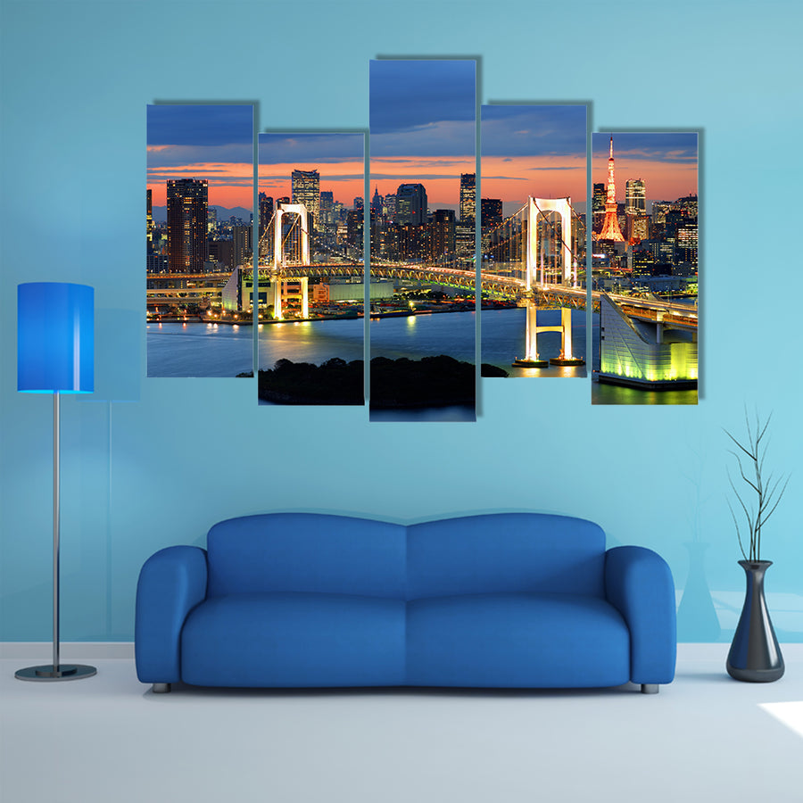 Rainbow Bridge spanning Tokyo Bay with Tokyo Tower multi panel canvas wall art