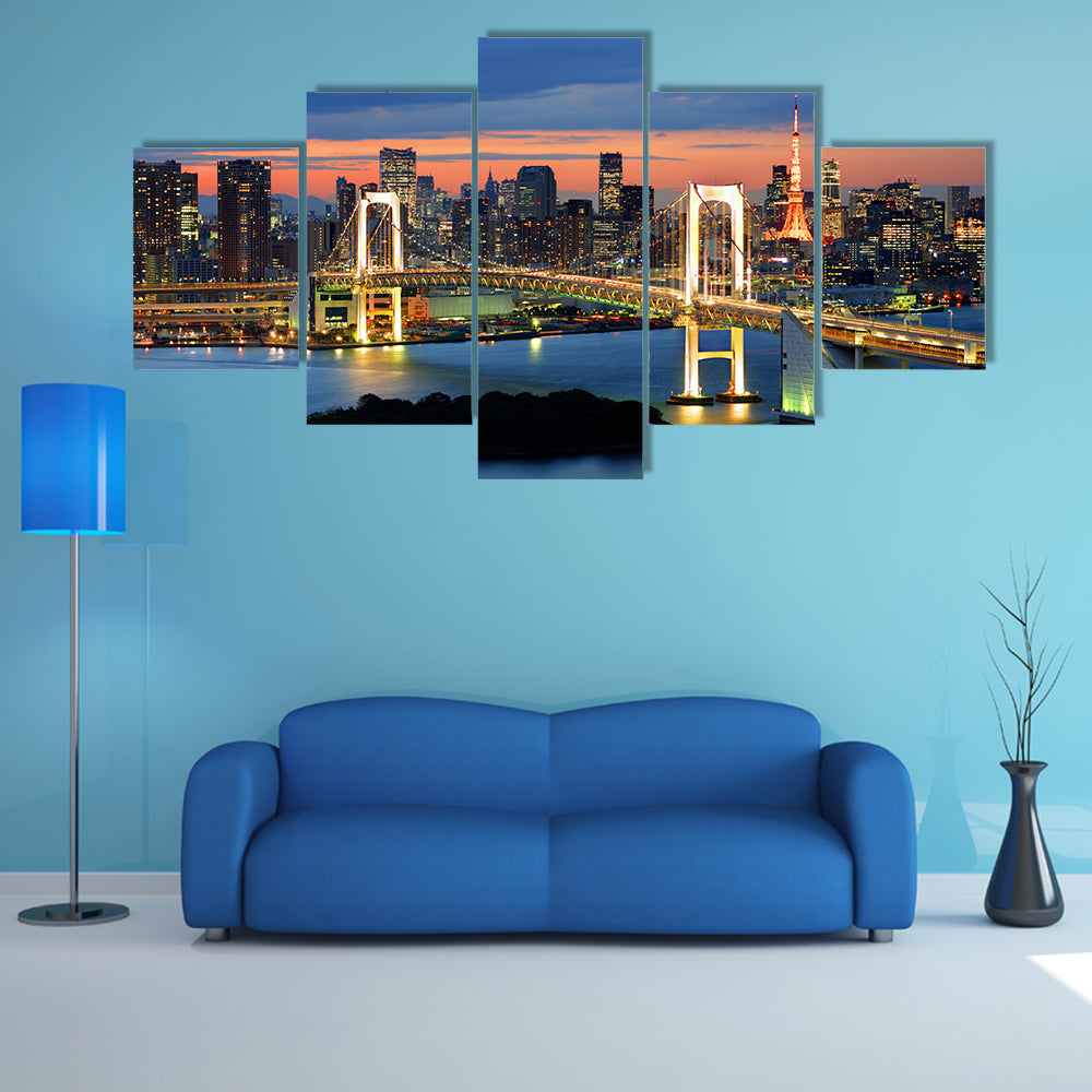 Rainbow Bridge spanning Tokyo Bay with Tokyo Tower multi panel canvas wall art