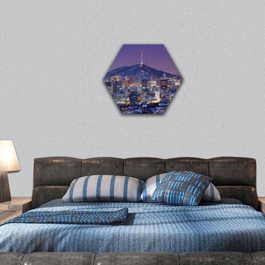 Downtown skyline of Seoul, with Seoul Tower hexagonal canvas wall art