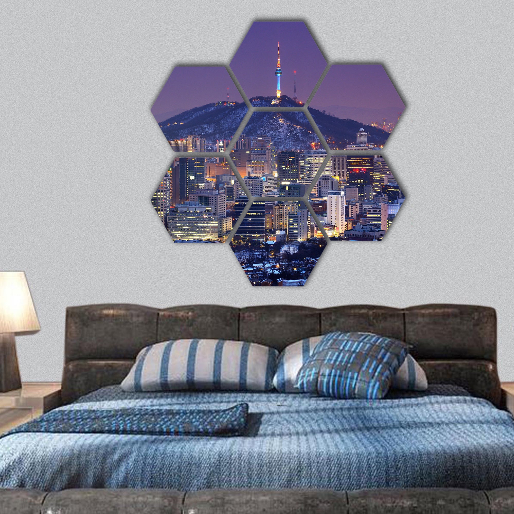 Downtown skyline of Seoul, with Seoul Tower hexagonal canvas wall art